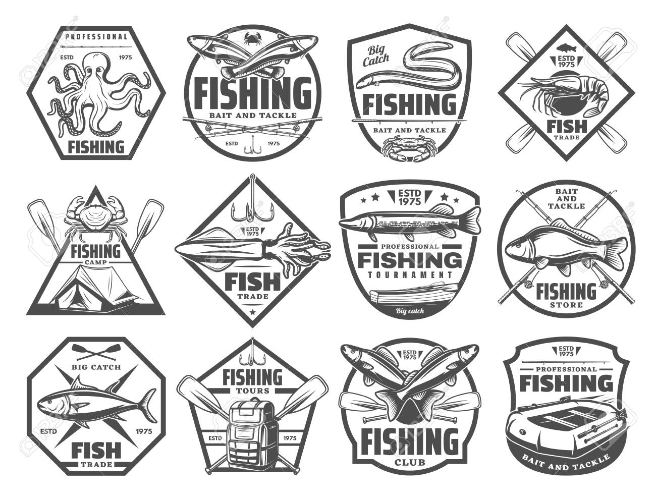 Fishing retro sketch icons for fisherman club or adventure. Vector set of big fish big catch and fisher tackles for seafood octopus, eel or mackerel and marlin or trout and salmon - 107746125 Fishing retro sketch icons for fisherman club or adventure. Vector set of big fish big catch and fisher tackles for seafood octopus, eel or mackerel and marlin or trout and salmon - 107746125