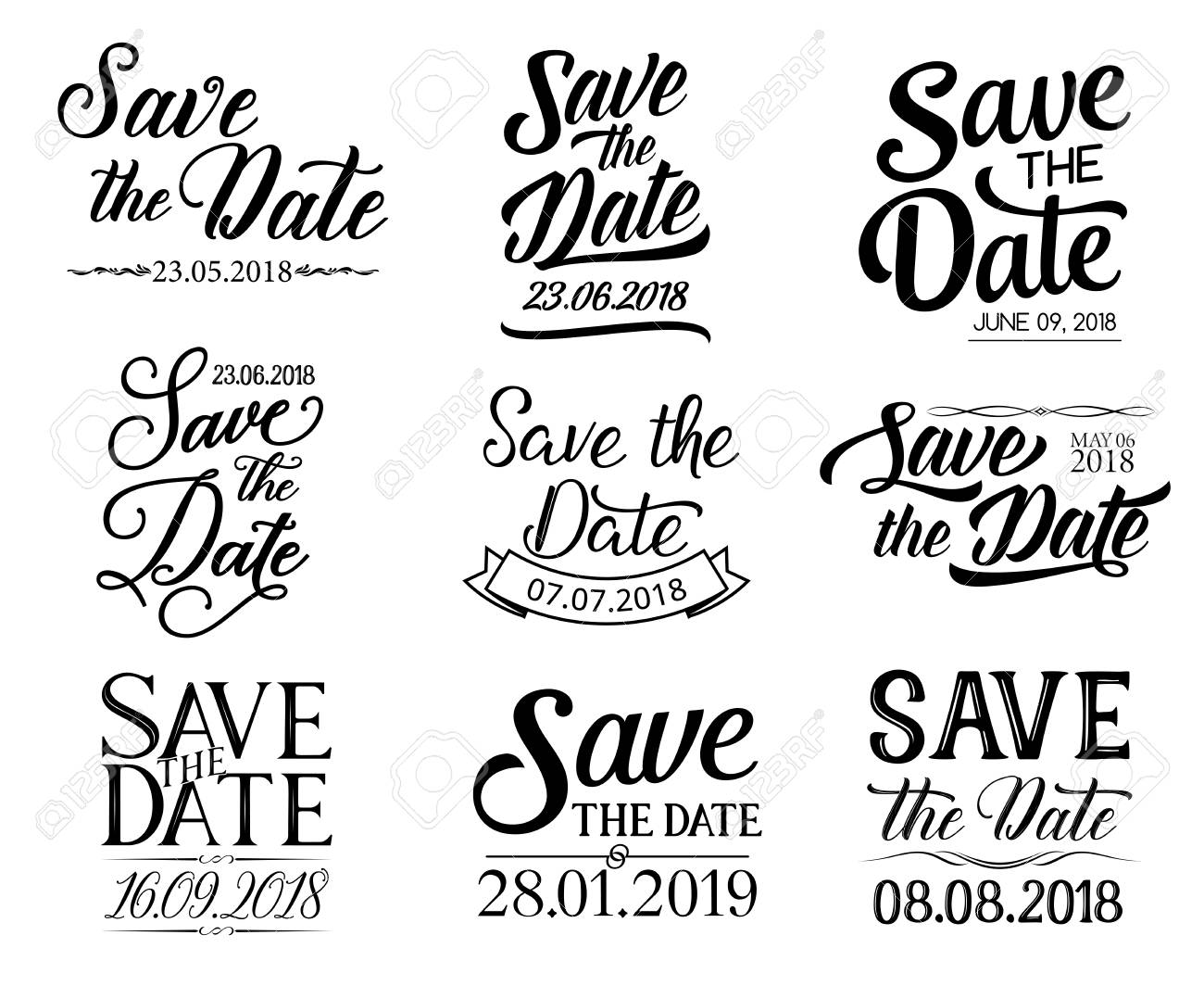Save the Date or wedding and RSVP lettering for greeting and invitation cards. Vector sketch calligraphy design and ornate ribbons for engagement party - 110288573 Save the Date or wedding and RSVP lettering for greeting and invitation cards. Vector sketch calligraphy design and ornate ribbons for engagement party - 110288573