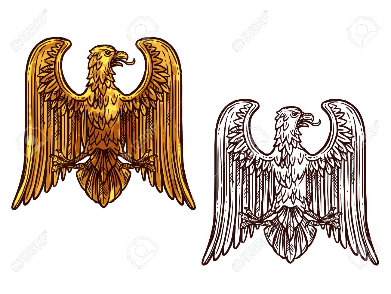 Heraldic Eagle Golden Statue And Sketch Icon Griffin Coat Of