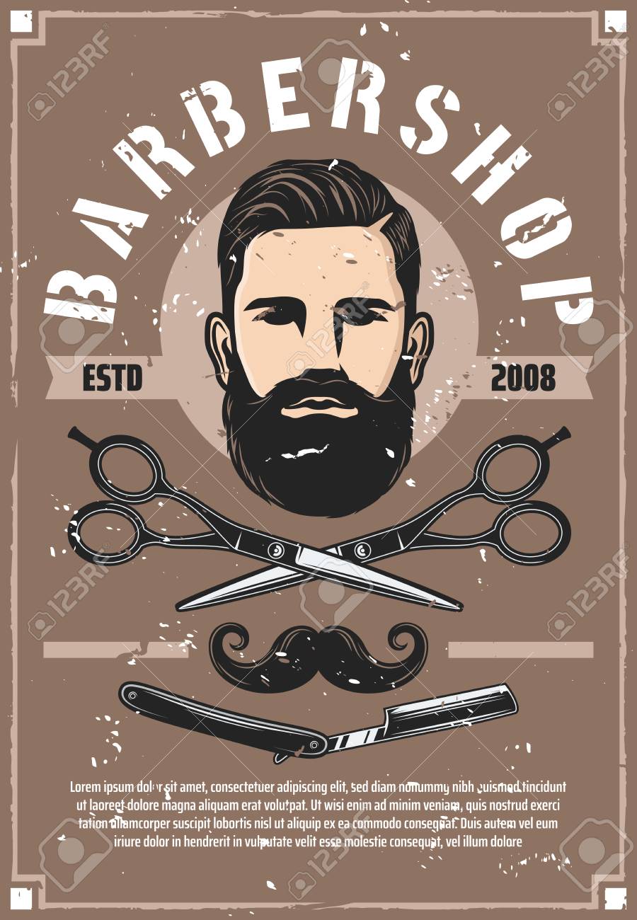 barber shop haircut salon vector retro poster. man with beard..