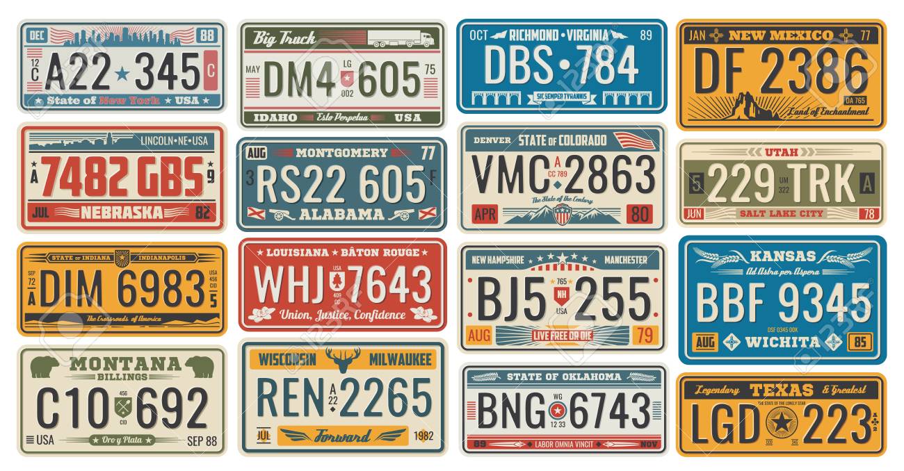 Car license retro cards official numbers for vehicle registration in USA states. Metal sign boards automobile plates with digits and letters, Nebraska and Alabama, Wichita and Texas, Colorado and Utah - 109367892 Car license retro cards official numbers for vehicle registration in USA states. Metal sign boards automobile plates with digits and letters, Nebraska and Alabama, Wichita and Texas, Colorado and Utah - 109367892