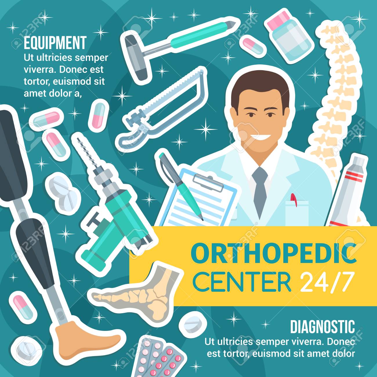 Orthopedics, traumatology and rheumatology medicine. Vector joints and bones, healthy human spine and foot, prosthesis, surgery instruments, drill and saw. Hospital ans diagnostics clinic - 128161470 Orthopedics, traumatology and rheumatology medicine. Vector joints and bones, healthy human spine and foot, prosthesis, surgery instruments, drill and saw. Hospital ans diagnostics clinic - 128161470