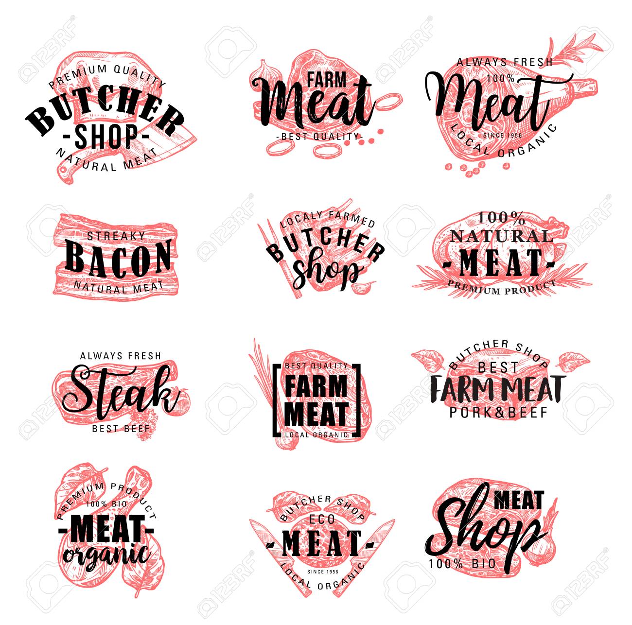 Meat products lettering icons, vector butchery or butcher shop signs. Farm grown beef filet tenderloin or sirloin, pork bacon, turkey or chicken legs, liver, mutton ribs and cutlet with laurel - 109839438 Meat products lettering icons, vector butchery or butcher shop signs. Farm grown beef filet tenderloin or sirloin, pork bacon, turkey or chicken legs, liver, mutton ribs and cutlet with laurel - 109839438