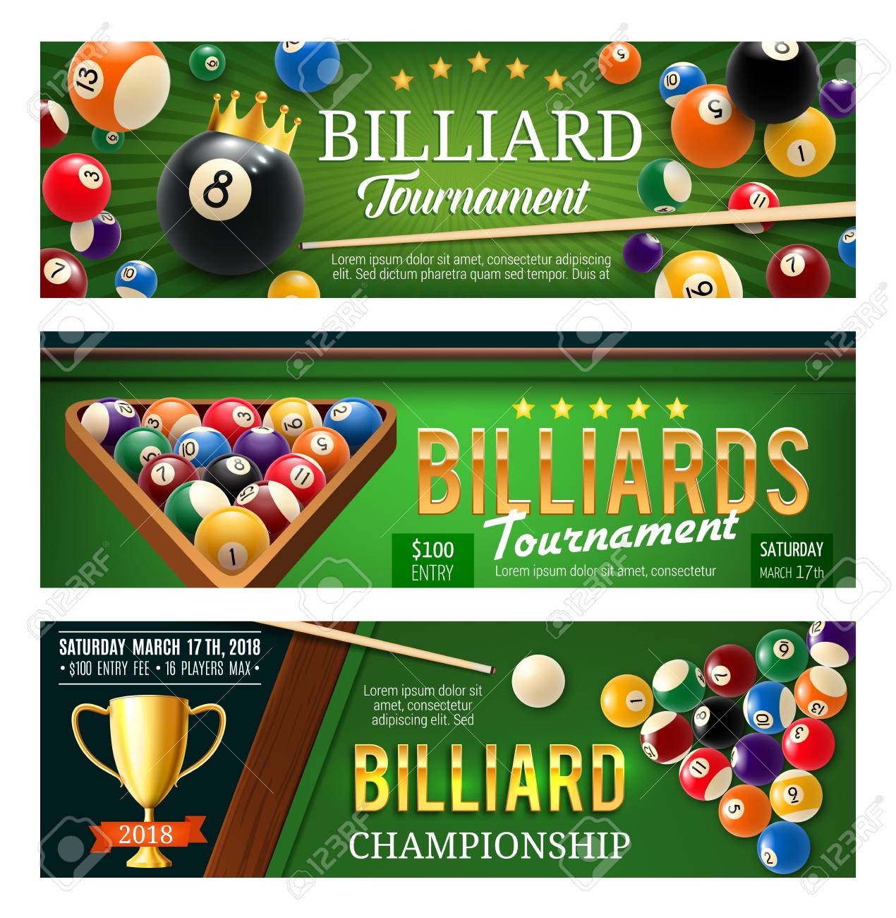 Billiards, snooker and pool sport game banners. Competition flyer template. Billiard ball pyramid, cue and winner trophy cup on green table 3d illustration, decorated with crown and ribbon - 110467682 Billiards, snooker and pool sport game banners. Competition flyer template. Billiard ball pyramid, cue and winner trophy cup on green table 3d illustration, decorated with crown and ribbon - 110467682