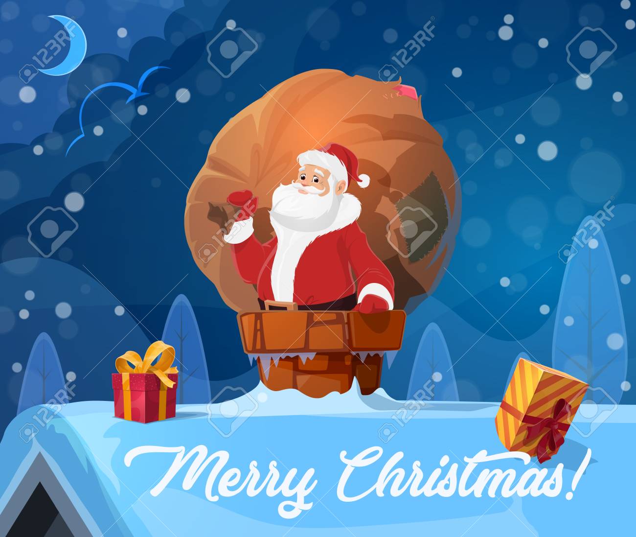 Santa Claus On Roof In Chimney Sack Of Christmas Gifts Vector