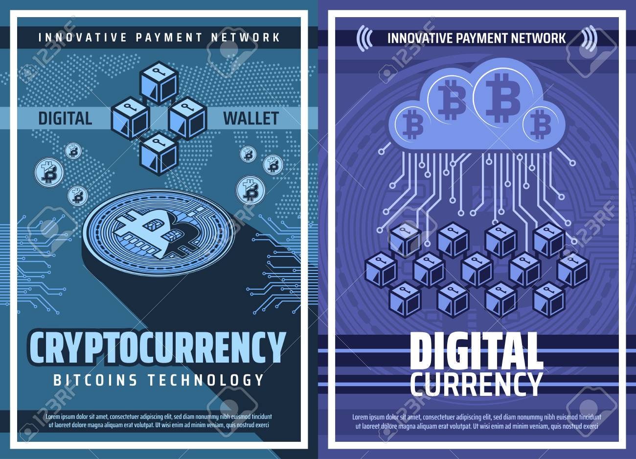 암호 화폐, 비트코인 지갑 블록체인, 암호 화폐 또는 디지털 화폐 기술 벡터 포스터. 비트코인 채굴장, 가상 거래소 및 결제, 클라우드  채굴 온라인 사업 로열티 무료 사진, 그림, 이미지 그리고 스톡포토그래피. Image 127088291