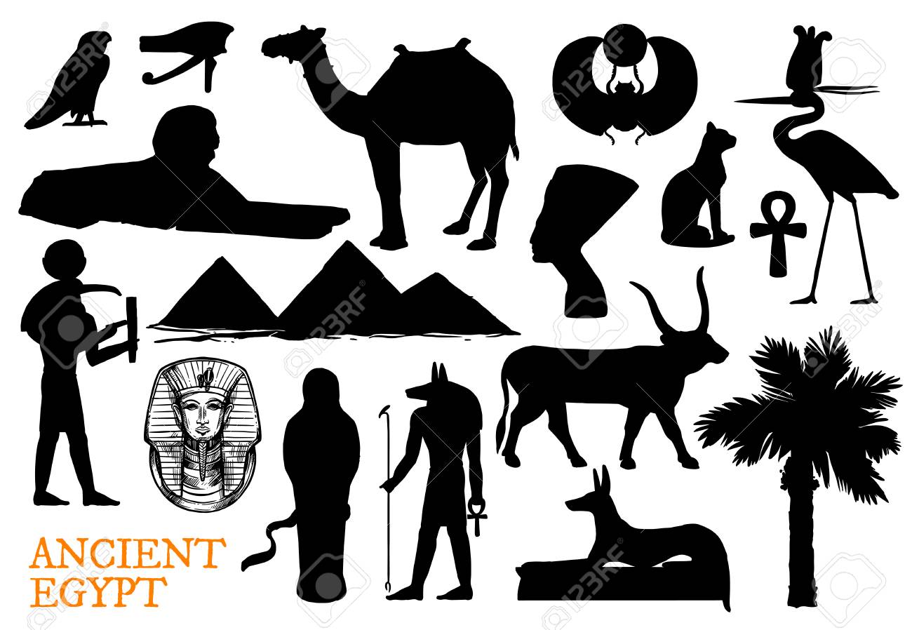 Ancient Egypt religion symbols with god and travel landmarks silhouettes. - 113538184 Ancient Egypt religion symbols with god and travel landmarks silhouettes. - 113538184