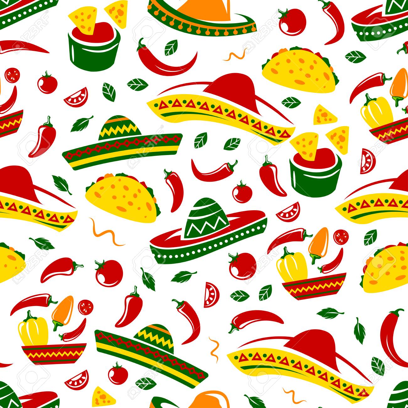Mexican Food Seamless Pattern Background Of Tacos, Nachos And Burritos,  Sombrero, Corn Tortilla And Chili Pepper Tomato Sauce Salsa, Avocado  Guacamole, Spices And Herbs. Mexico Cuisine Vector Design Royalty Free SVG,  Cliparts,, image size:1300x1300