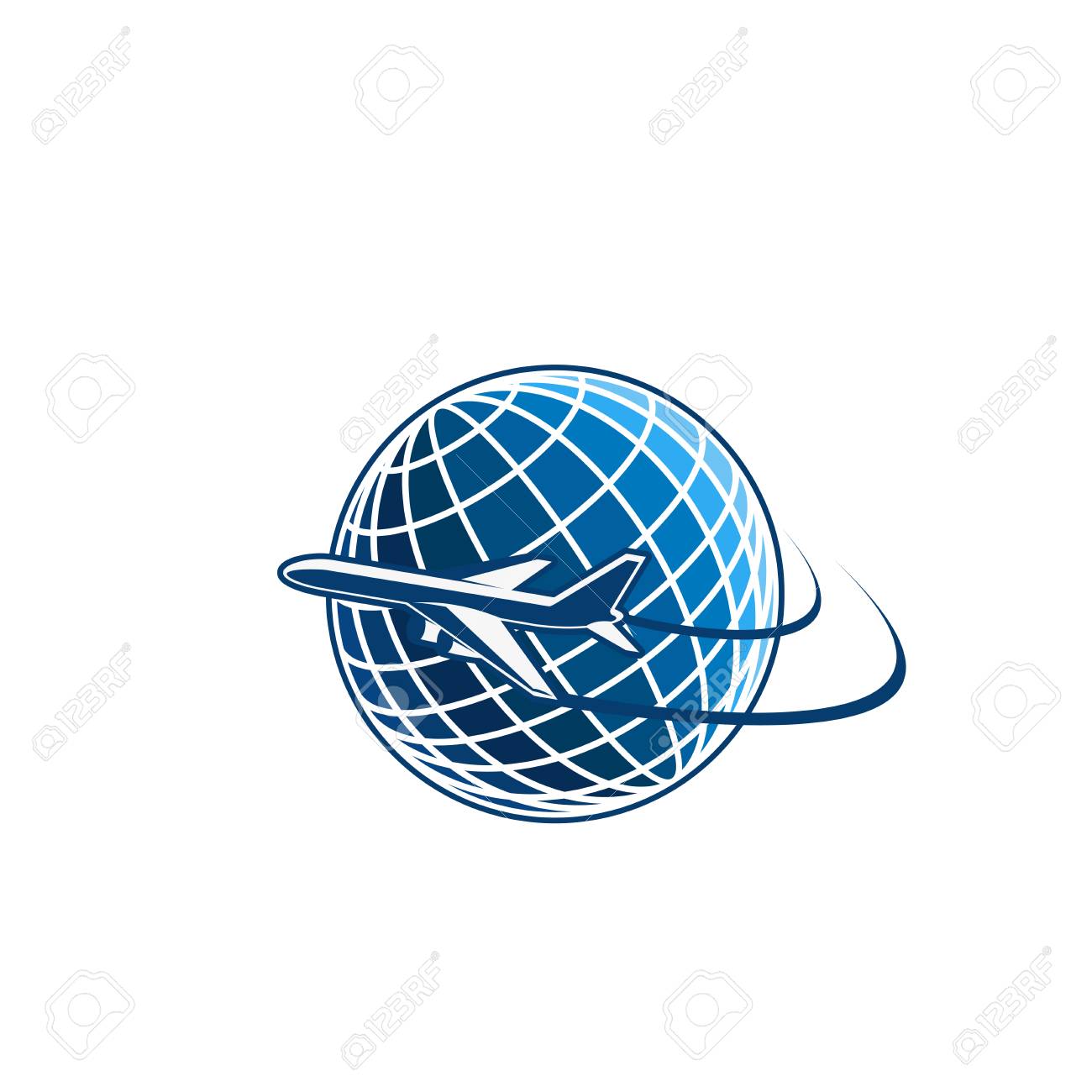 Blue and white color vector design with airplane and planet Earth. Abstract design airplane fly around the planet. Vector emblem for travel agency or travel company. Concept of traveling or vacation - 114520044 Blue and white color vector design with airplane and planet Earth. Abstract design airplane fly around the planet. Vector emblem for travel agency or travel company. Concept of traveling or vacation - 114520044