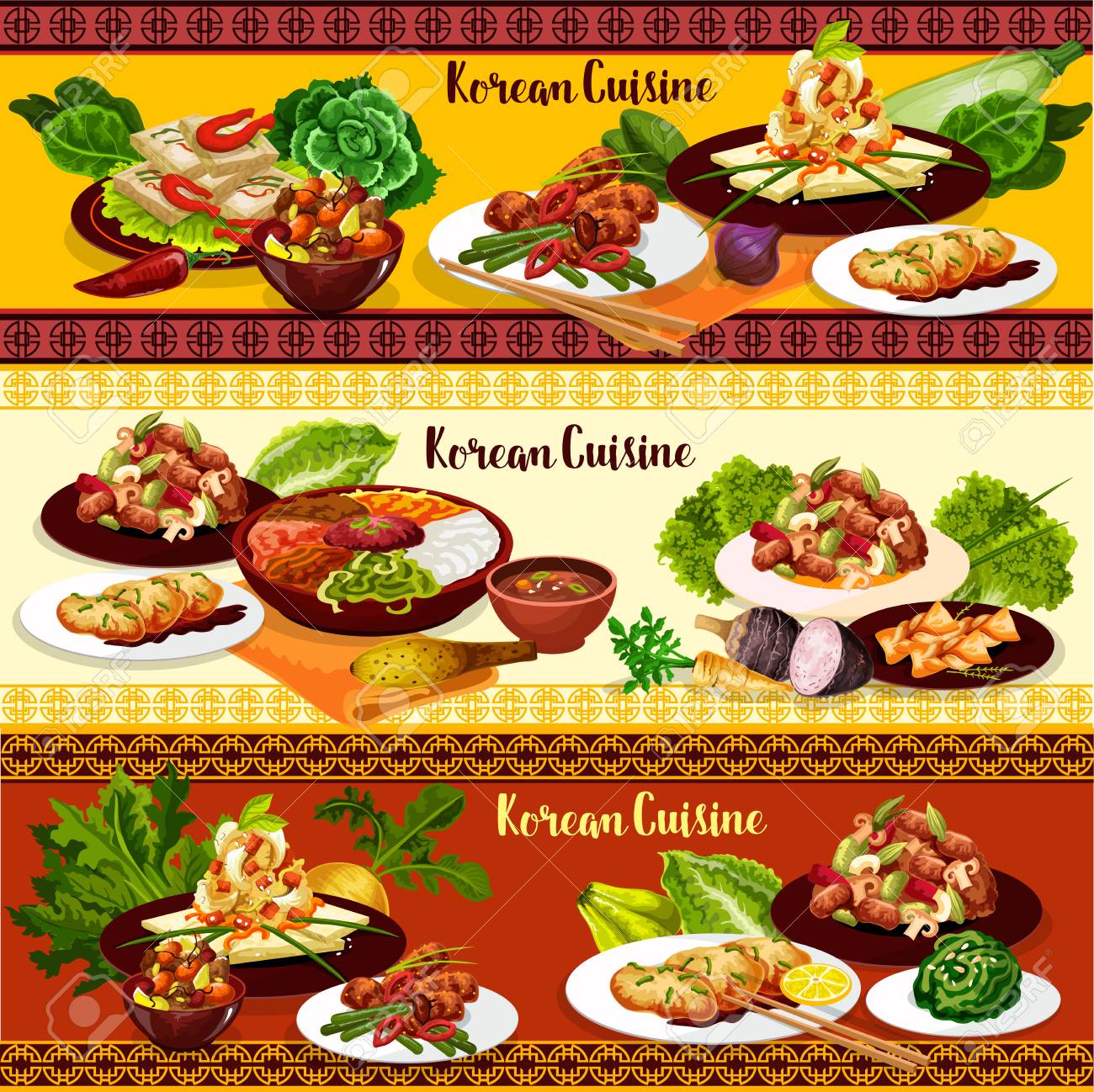 Korean Dishes Of Rice Bibimbap Bbq Beef Bulgogi With Mushrooms Royalty Free Cliparts Vectors And Stock Illustration Image 114585852