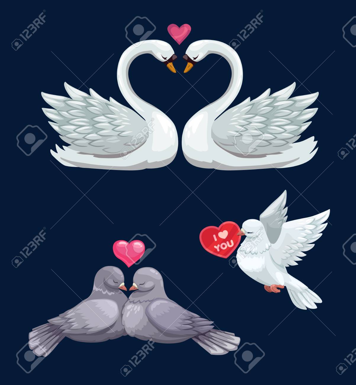 Valentines Day birds couples in love vector icons of white swans, dove and pigeons with hearts. February holiday of romantic love and romance, greeting card or wedding invitation design - 115208566 Valentines Day birds couples in love vector icons of white swans, dove and pigeons with hearts. February holiday of romantic love and romance, greeting card or wedding invitation design - 115208566