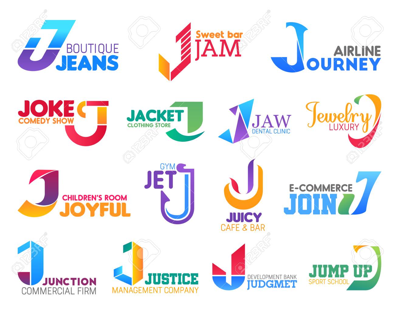 Corporate identity letter J business icons. Fashion and food, travel and entertainment, medicine and jewelry, sport and commerce, management and banking. Vector emblems, signs and symbols isolated - 116516707 Corporate identity letter J business icons. Fashion and food, travel and entertainment, medicine and jewelry, sport and commerce, management and banking. Vector emblems, signs and symbols isolated - 116516707