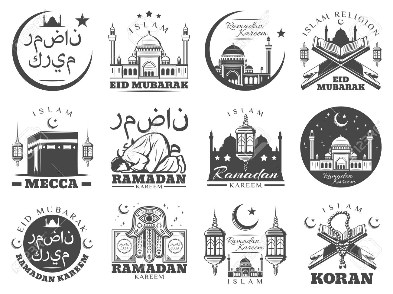 Ramadan Kareem and Eid Mubarak greeting icons of Islam religion holiday. Muslim mosque Kaaba in Mecca with crescent moon and star, Ramadan lantern, prayer and arabic calligraphy monochrome vector - 118668545 Ramadan Kareem and Eid Mubarak greeting icons of Islam religion holiday. Muslim mosque Kaaba in Mecca with crescent moon and star, Ramadan lantern, prayer and arabic calligraphy monochrome vector - 118668545