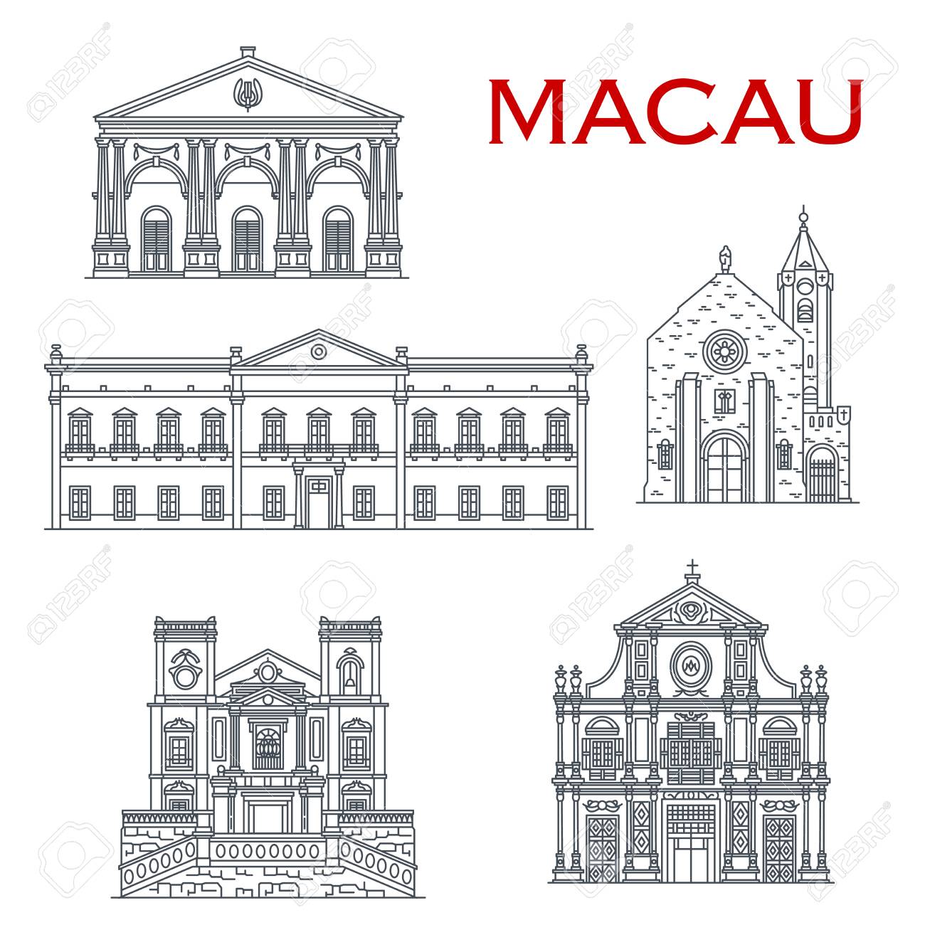 Chinese travel landmark vector icons with asian architecture of Macau. Penha Church, Dom Pedro Theatre and Leal Senado Building, St Lawrence and St Dominic Churches. Oriental tourism design - 120960528 Chinese travel landmark vector icons with asian architecture of Macau. Penha Church, Dom Pedro Theatre and Leal Senado Building, St Lawrence and St Dominic Churches. Oriental tourism design - 120960528