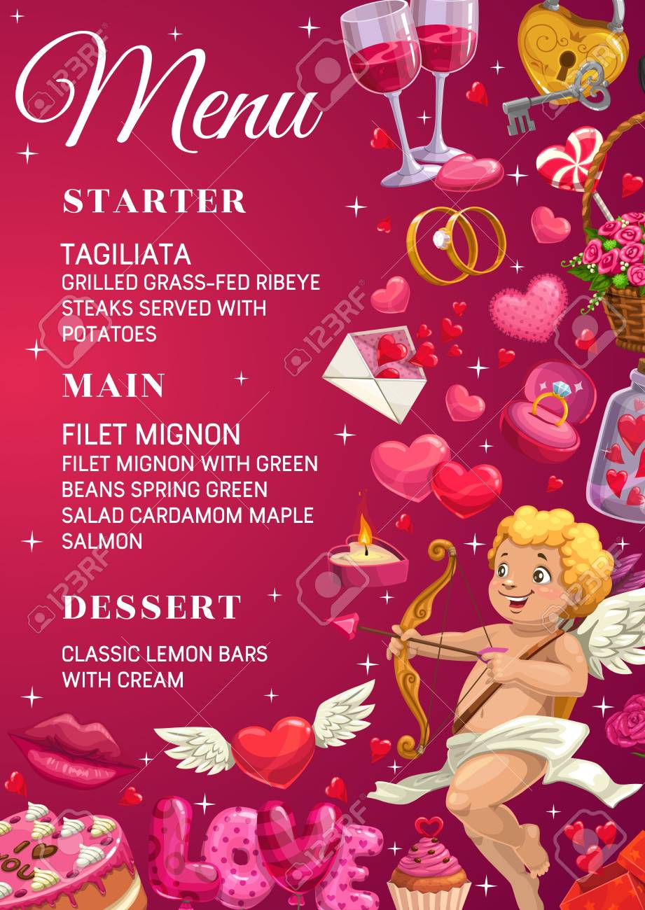 Wedding Menu Template With Starter Main Dishes And Desserts And Symbols Of Love And Marriage Vector