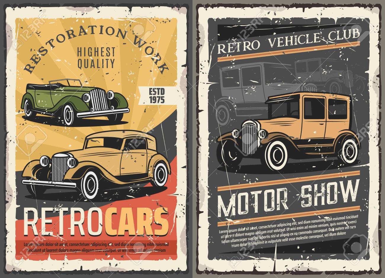 Vintage old cars show, rare vehicles motor club and retro auto restoration works grunge posters. Vector rarity automobile and collector transport diagnostic and mechanic repair garage station - 124634536 Vintage old cars show, rare vehicles motor club and retro auto restoration works grunge posters. Vector rarity automobile and collector transport diagnostic and mechanic repair garage station - 124634536