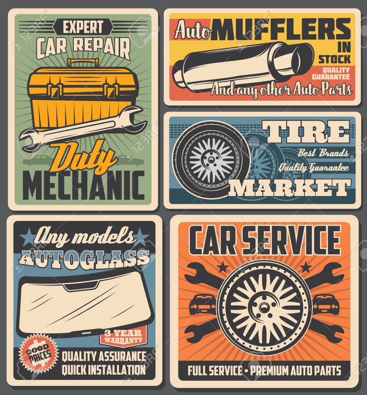 Car service and auto repair vector posters with spare parts and vehicle mechanic toolbox. Automobile wheels, tires and spanners, wrenches, autoglasses and exhaust pipe retro design - 128162217 Car service and auto repair vector posters with spare parts and vehicle mechanic toolbox. Automobile wheels, tires and spanners, wrenches, autoglasses and exhaust pipe retro design - 128162217