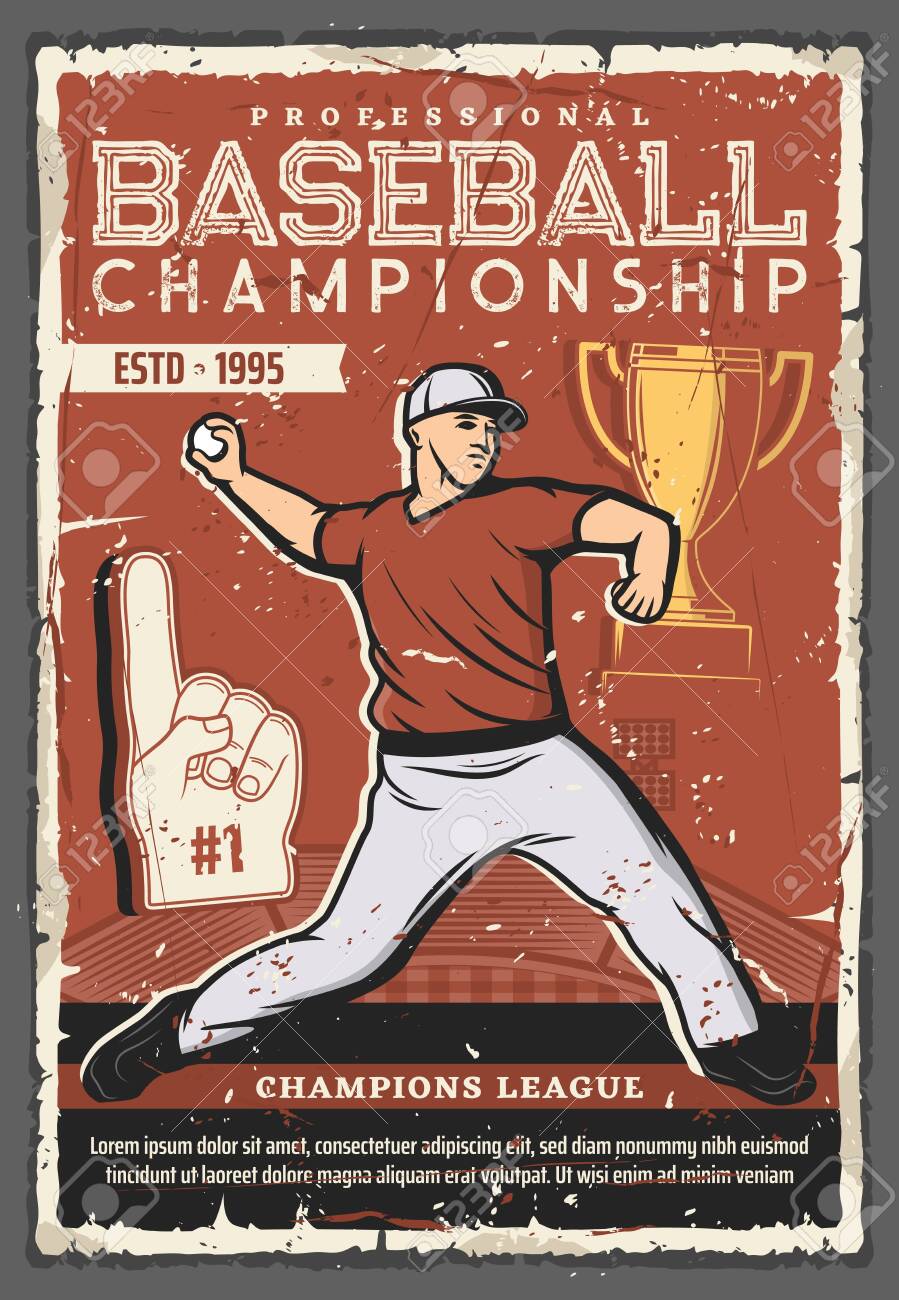 Baseball Championship Cup Retro Poster With Vector Ball, Sport Game Pitcher  Player, Team Uniform, Jersey Shirt And Cap, Baseball Stadium Field And  Golden Trophy. Professional League Match Promo Design Royalty Free SVG,, image size:899x1300