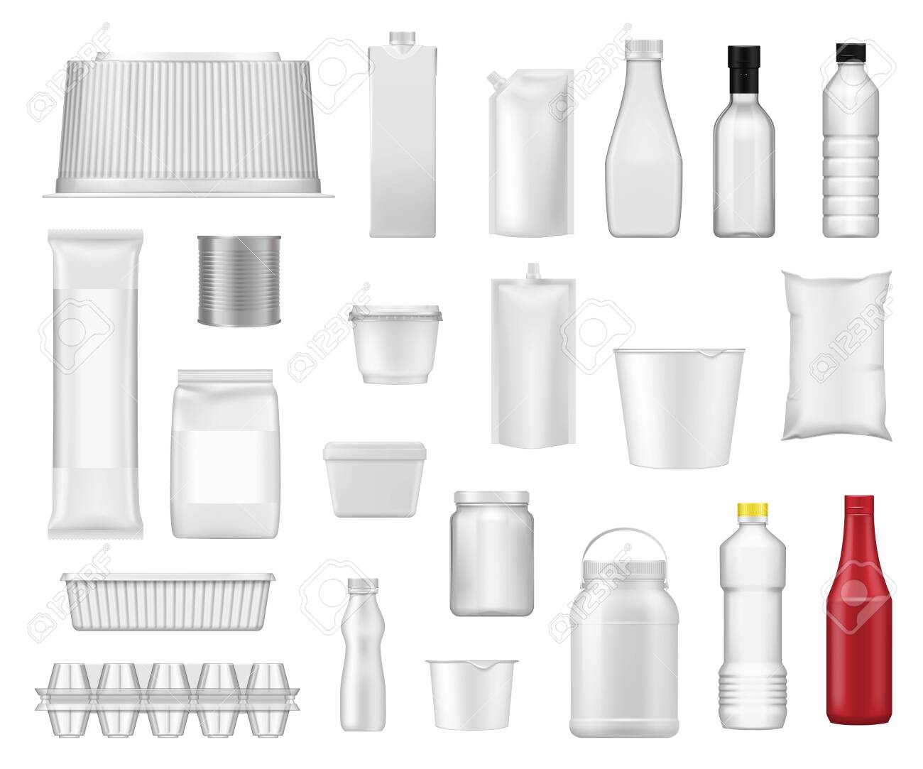 Food packages and product plastic box packs realistic templates. Vector 3D water drink bottle, yogurt plastic container, metal can and milk carton pack, ketchup bottle and mayonnaise pack mockups - 129344833 Food packages and product plastic box packs realistic templates. Vector 3D water drink bottle, yogurt plastic container, metal can and milk carton pack, ketchup bottle and mayonnaise pack mockups - 129344833