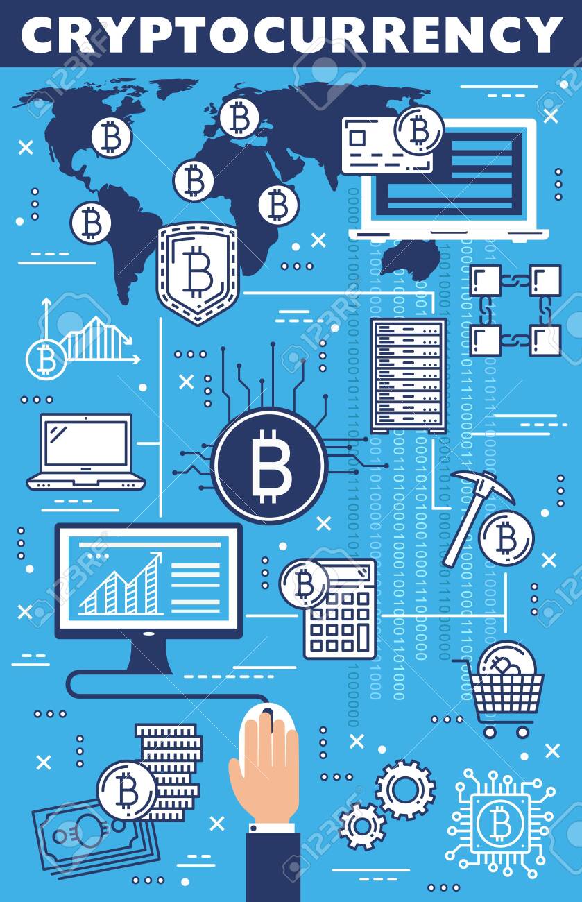 세계의 암호화폐 블록체인, 비트코인 채굴 및 암호화 통화. 벡터 디지털 머니 네트워크 서버, 환전, 금융 온라인 거래 및 세계의  암호화폐 거래 시장 로열티 무료 사진, 그림, 이미지 그리고 스톡포토그래피. Image 129344845