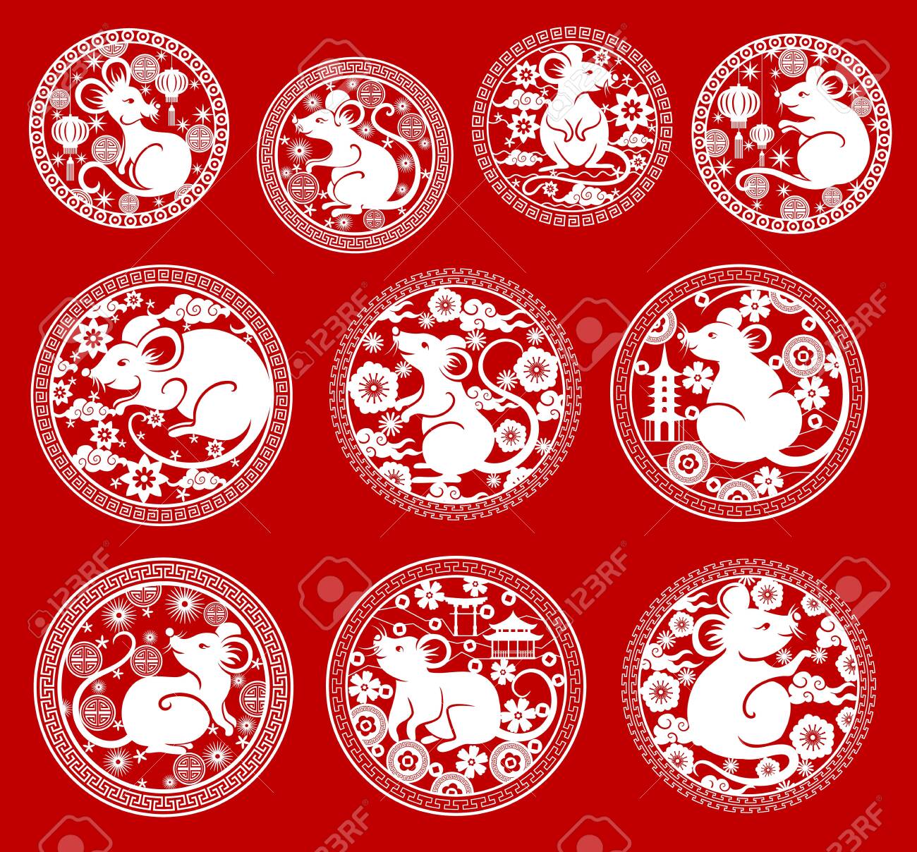 Chinese New Year Rat Vector Icons. Mouse Papercut Symbols Of Animal Zodiac Or Horoscope, Asian Lanterns, Pagodas And Blooming Plum Flowers, Coins And Clouds With Frames Of Oriental Ornament Royalty Free SVG, Chinese New Year Rat Vector Icons. Mouse Papercut Symbols Of Animal Zodiac Or Horoscope, Asian Lanterns, Pagodas And Blooming Plum Flowers, Coins And Clouds With Frames Of Oriental Ornament Royalty Free SVG,