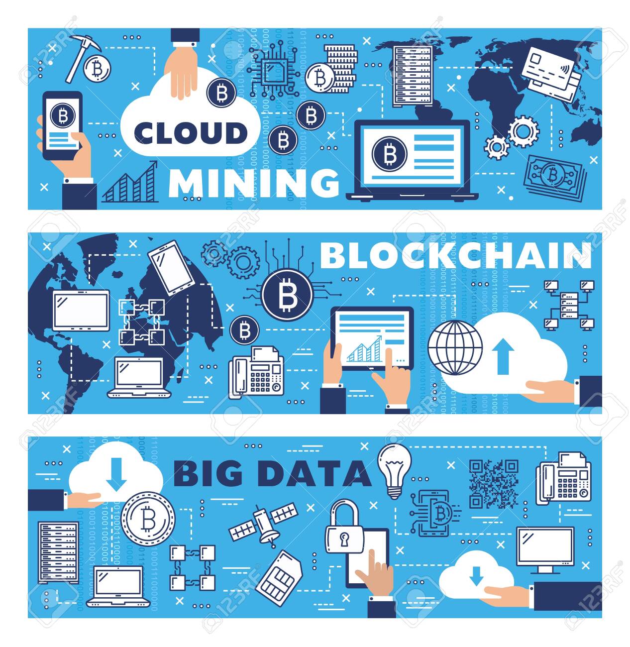 비트코인 채굴, 암호화폐 블록체인 및 컴퓨터 클라우드의 인터넷 데이터 저장. 데이터 전송, 비트 코인 및 암호화 통화 거래 네트워크의  벡터 디지털 기술 로열티 무료 사진, 그림, 이미지 그리고 스톡포토그래피. Image 135740343
