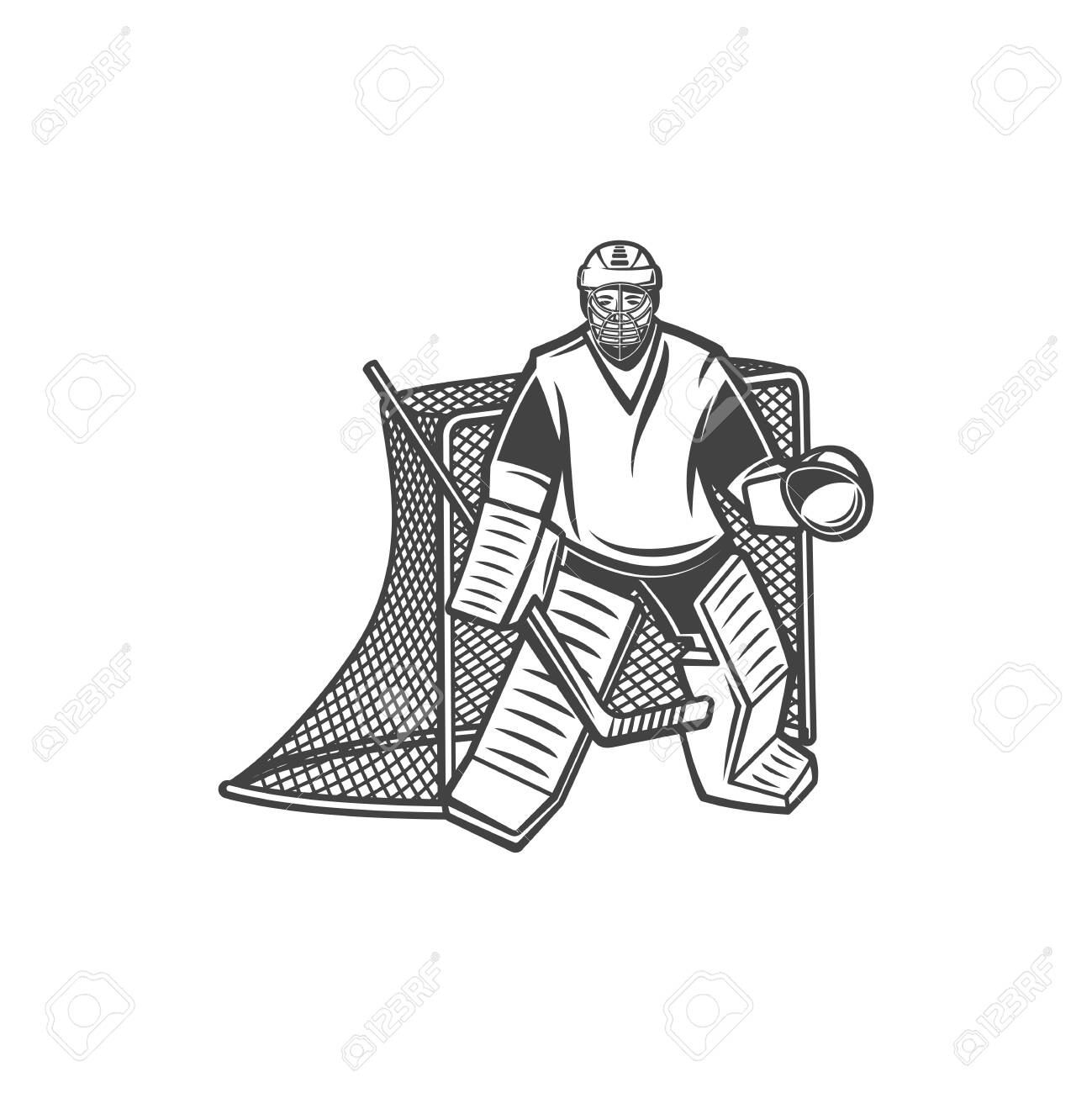 Ice Hockey Goalkeeper Near Net With Puck And Stick Isolated Monochrome  Player. Vector Keeper Blocking Or Intercepting Opposing Shots On Goal,  Goalie. Netminder In Protective Helmet And Suit Royalty Free SVG, Cliparts,, image size:1299x1300