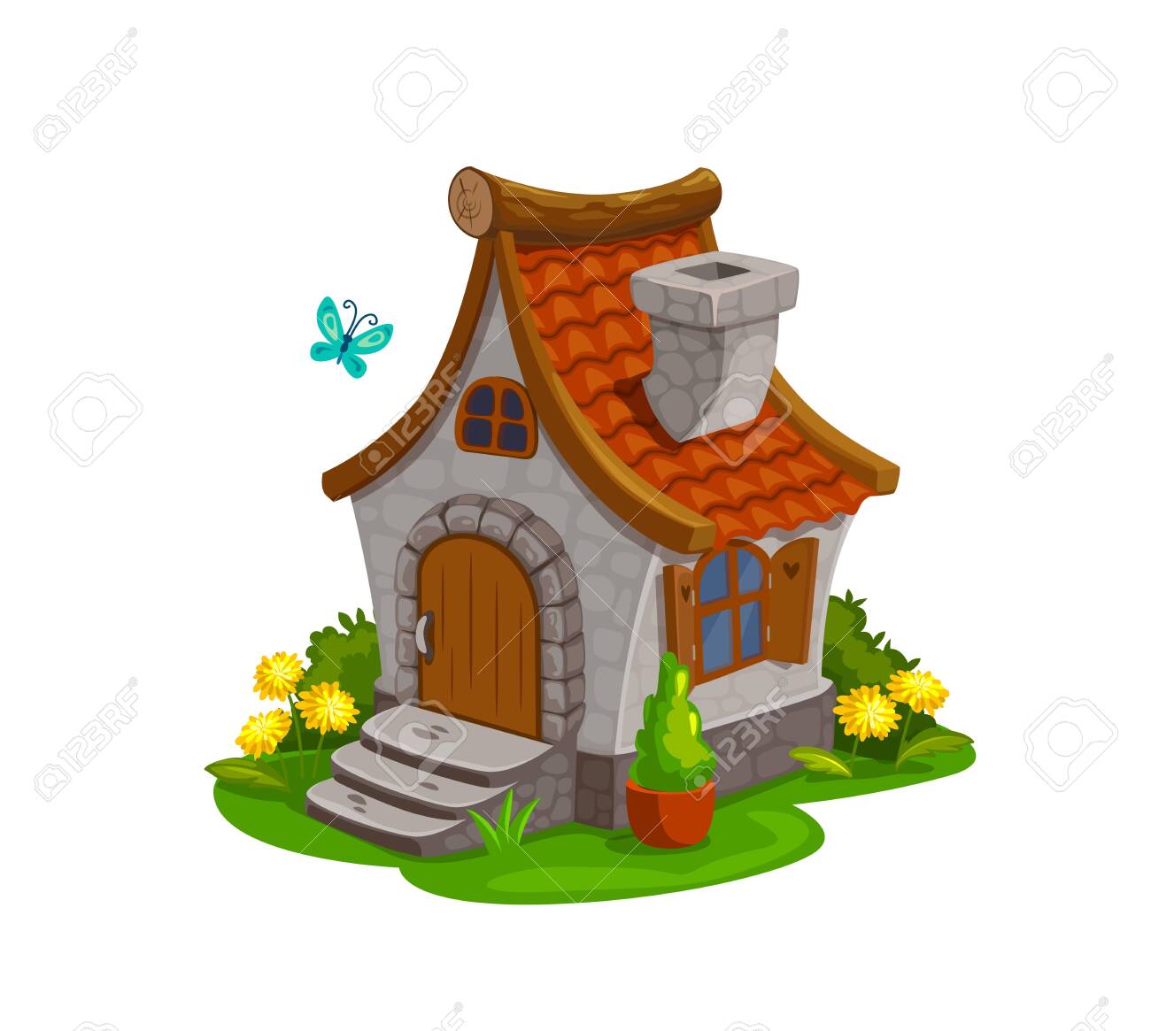 Fairy House, Dwarf Gnome And Elf Home, Vector Isolated Cartoon Icon. Fairy Tale Dwarf Gnome House Hut With Chimney, Wooden Door And Stair, Flowers In Garden Grass And Butterfly Royalty Free SVG, Fairy House, Dwarf Gnome And Elf Home, Vector Isolated Cartoon Icon. Fairy Tale Dwarf Gnome House Hut With Chimney, Wooden Door And Stair, Flowers In Garden Grass And Butterfly Royalty Free SVG,