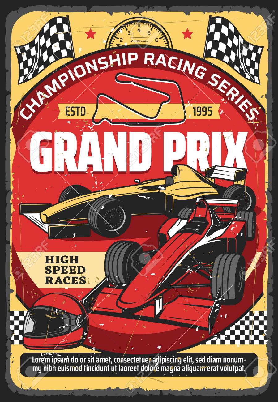Car races retro poster, vintage auto rally sport championship and Grand Prix tournament, vector. Retro sport car speedway racing tournament, racecar speedometer, racetrack, start and finish flags - 149806602 Car races retro poster, vintage auto rally sport championship and Grand Prix tournament, vector. Retro sport car speedway racing tournament, racecar speedometer, racetrack, start and finish flags - 149806602