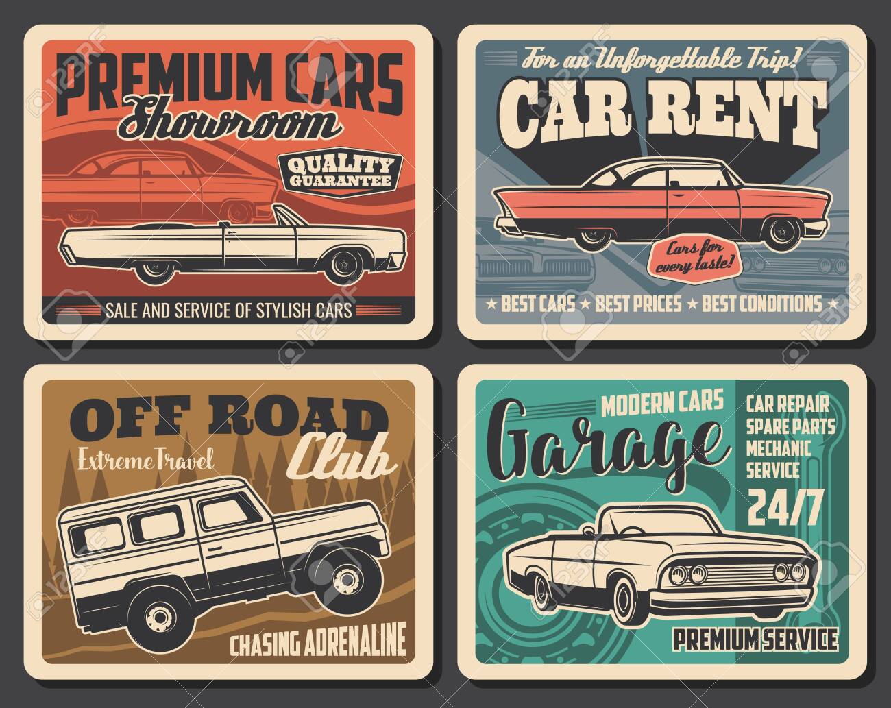 Vintage Cars Service And Rental Garage Auto Repair Vector Retro Posters Or Metal Plates Premium Rarity Cars Showroom Sale And Rent Off Road Vehicles Travel Club Signs And Automotive Repair Royalty Free Cliparts