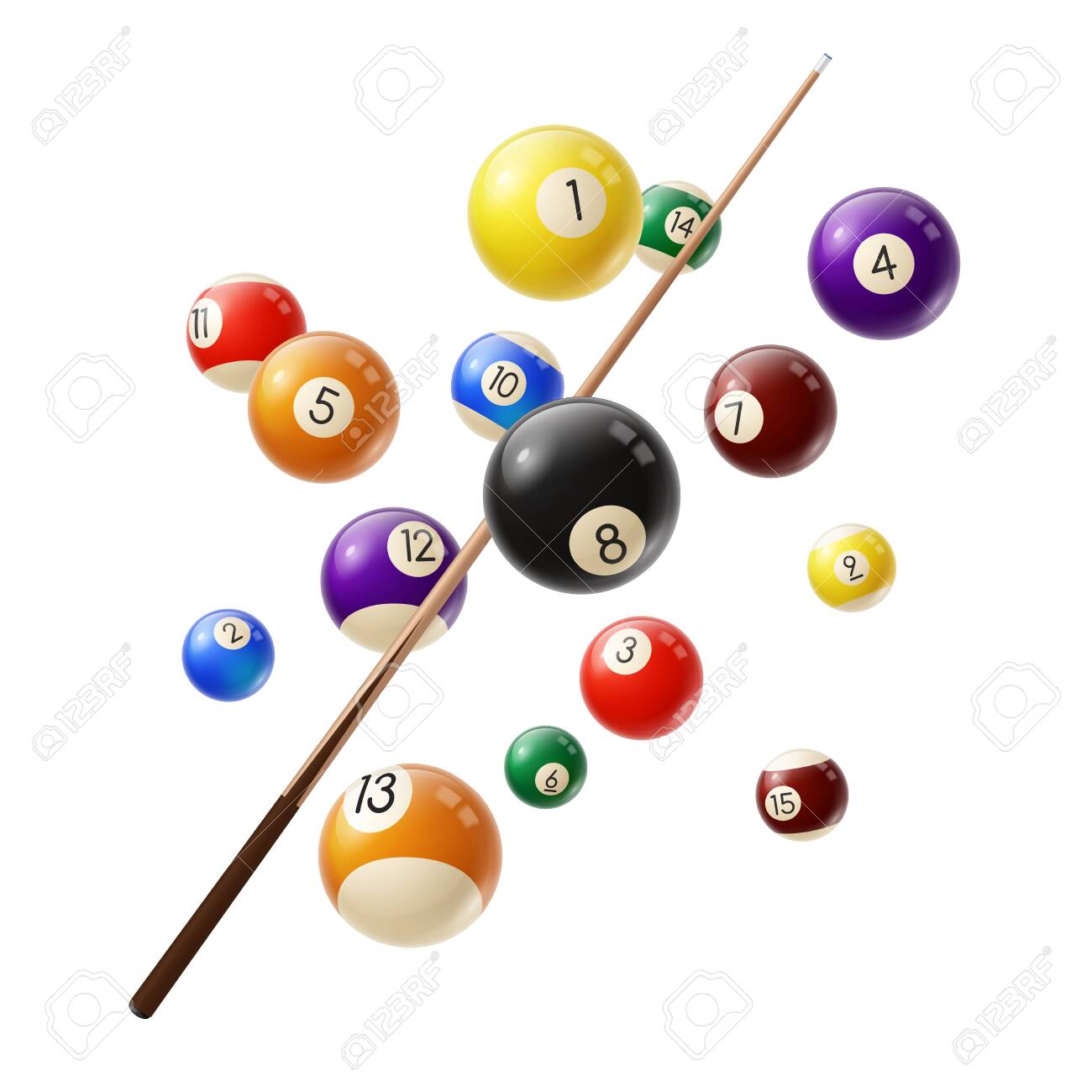Boules de billard et cue vecteur réaliste 3d. différentes boules de billard de couleur avec des chiffres volant dans l'air, queue en bois isolée sur fond blanc. club de billard ou de billard, équipement de compétition sportive - 150364611 Boules de billard et cue vecteur réaliste 3d. différentes boules de billard de couleur avec des chiffres volant dans l'air, queue en bois isolée sur fond blanc. club de billard ou de billard, équipement de compétition sportive - 150364611
