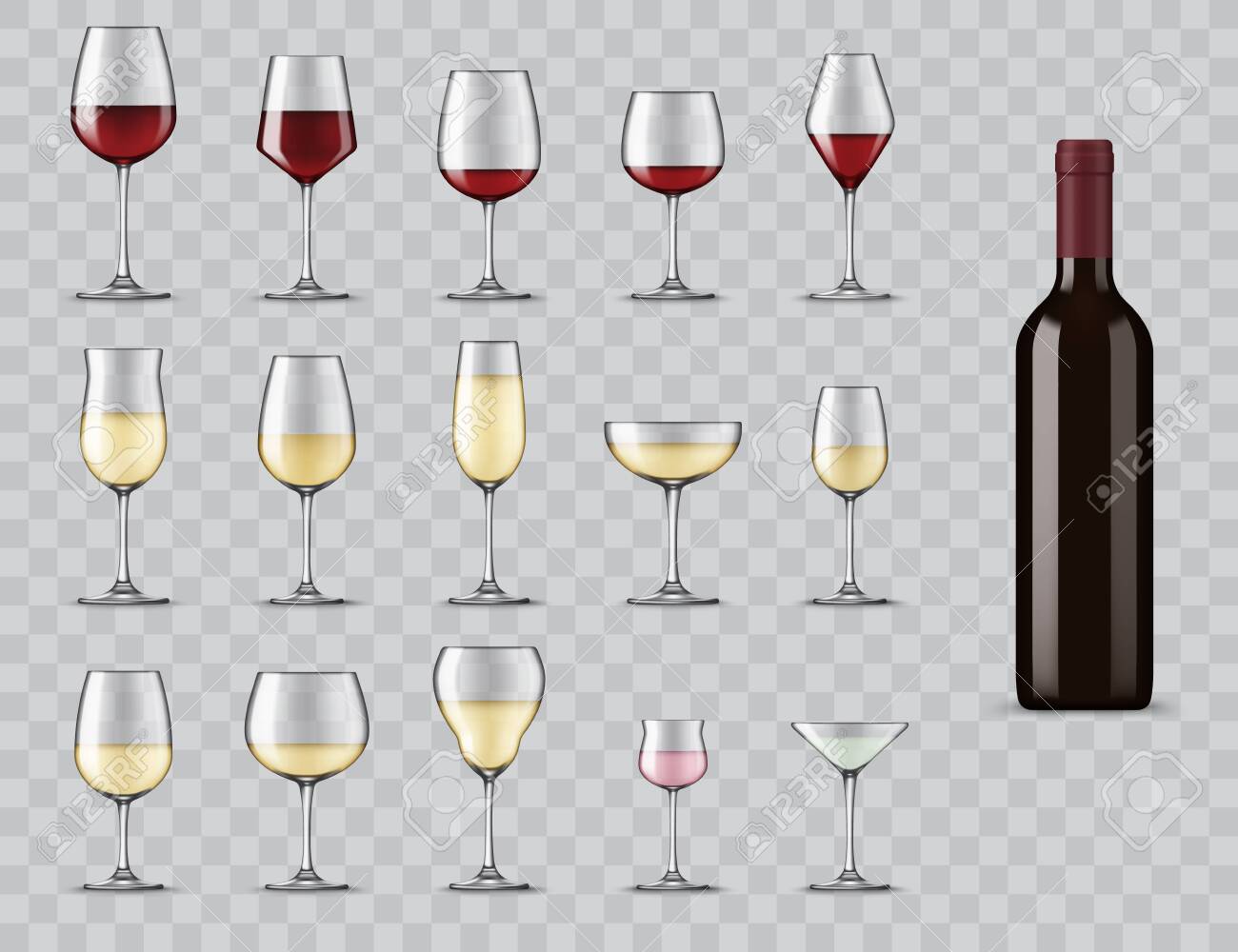 Types of wine glasses. Realistic bottle and glassware for white, red, rose wine, champagne and martini cocktail. Full, light and medium bodied glasses for alcohol drinks isolated 3d vector icons set - 150922056 Types of wine glasses. Realistic bottle and glassware for white, red, rose wine, champagne and martini cocktail. Full, light and medium bodied glasses for alcohol drinks isolated 3d vector icons set - 150922056