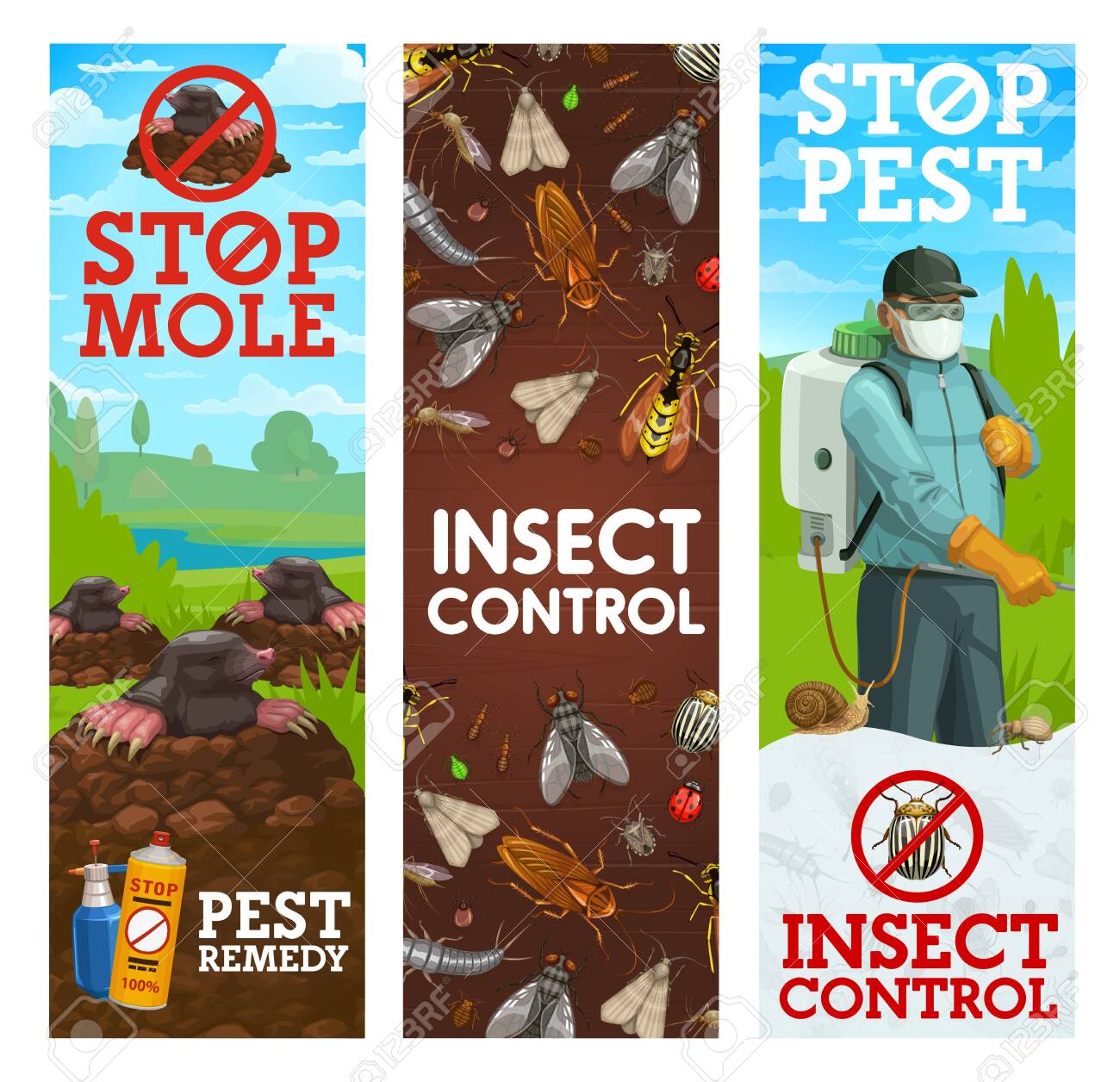 Pest Control Banners Vector Worker Spraying Insecticide Against Insects And Rodents Exterminator In Protective Suit And Mask With Pressure Sprayer Insects And Garden Animals Chemical Extermination Lizenzfrei Nutzbare Vektorgrafiken Clip Arts