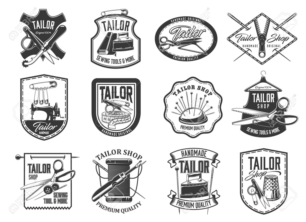 Tailor shop and seamstress service retro icons set. Handmade clothing atelier, dressmaker workshop and tailor tools store emblems. Needle, scissors and pins, vintage sewing machine and iron vector - 160633160 Tailor shop and seamstress service retro icons set. Handmade clothing atelier, dressmaker workshop and tailor tools store emblems. Needle, scissors and pins, vintage sewing machine and iron vector - 160633160