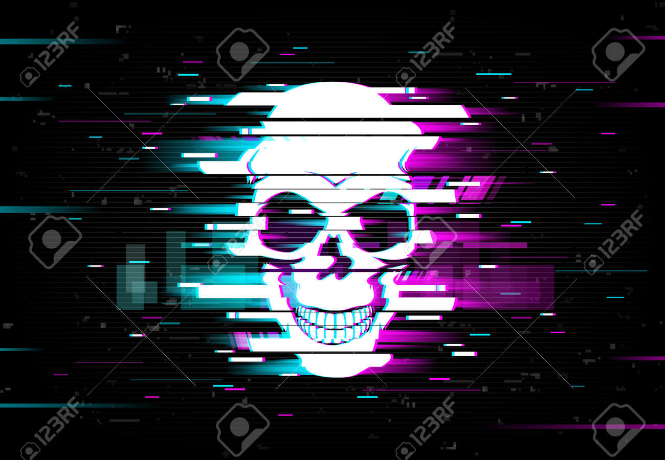Glitch crâne vecteur néon déformé brillant crâne pixélisé ou jolly roger sur fond noir. distorsion désordonnée de la télévision ou effet de pépin de bande vhs, art numérique trippant, horreur, tête morte souriante - 165293027 Glitch crâne vecteur néon déformé brillant crâne pixélisé ou jolly roger sur fond noir. distorsion désordonnée de la télévision ou effet de pépin de bande vhs, art numérique trippant, horreur, tête morte souriante - 165293027