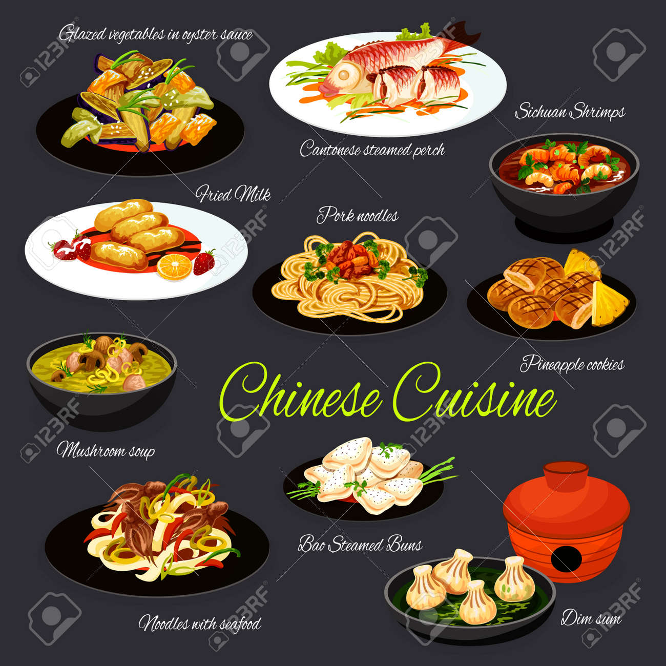 Chinese Cuisine Food Asian Restaurant And China Dishes Vector Menu Meals Chinese Oriental Sichuan And Cantonese Cuisine Noodles And Mushroom Soup Dim Sum Dumplings Fried Milk And Seafood Shrimps Royalty Free Cliparts