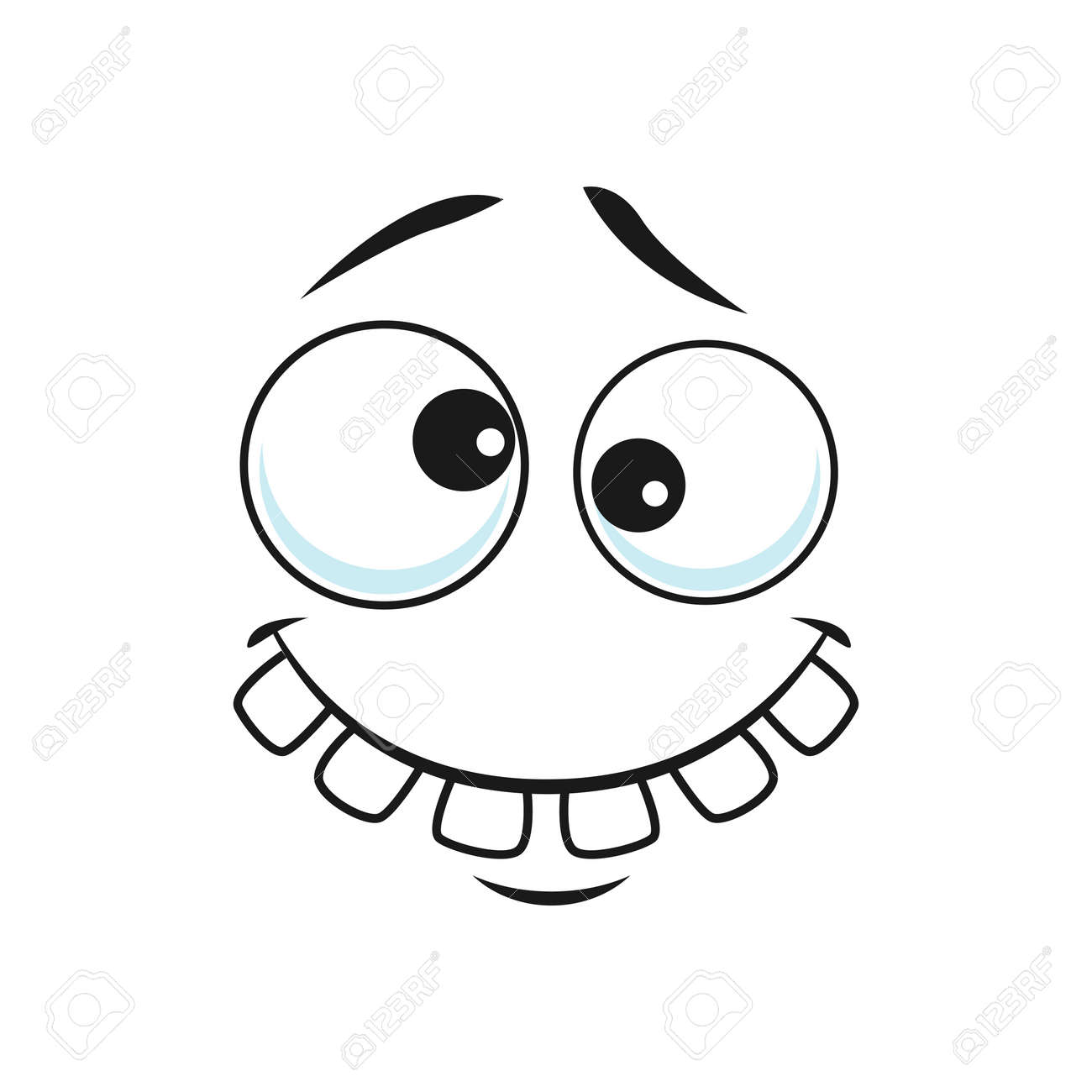 Strange Stupid Emoticon With Broad Toothy Smile Isolated Icon. Vector  Strange Emoji With Broad Smile, Crazy Idiot. Cheerful Person Social Network  Emoji, Emoticon Silly Eyes, Confused Face Expression Royalty Free SVG,  Cliparts,, image size:1300x1300