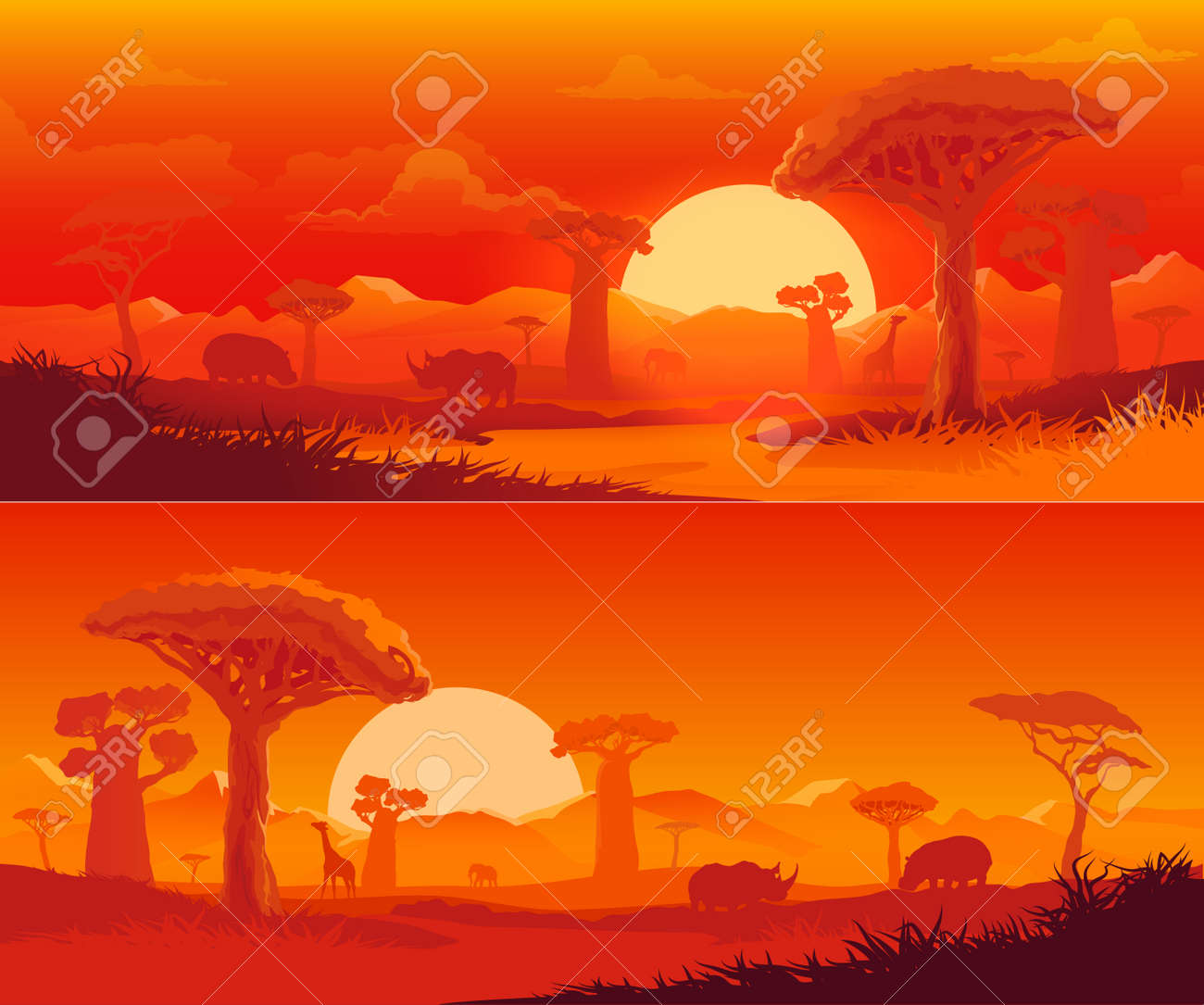 Afrikaanse savanne natuur vector landschap bij zonsondergang. safari dier, schemer oranje hemel, zon en wolk, savanne baobab boom, olifant en giraffe, neushoorn en nijlpaard, savanne berg silhouetten - 167501635 Afrikaanse savanne natuur vector landschap bij zonsondergang. safari dier, schemer oranje hemel, zon en wolk, savanne baobab boom, olifant en giraffe, neushoorn en nijlpaard, savanne berg silhouetten - 167501635