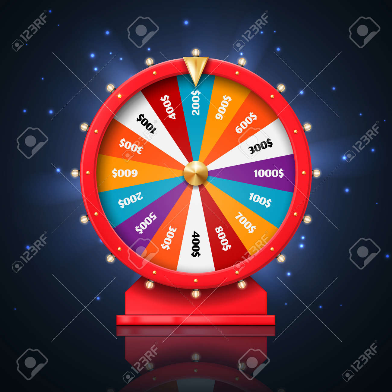 フォーチュンホイールまたはラッキースピンゲーム、ベクターカジノ、ギャンブルのデザイン。  3D宝くじ、ジャックポット、金の矢、カラフルな勝利セクション、電球、輝きのある賞金受賞者のルーレットのイラスト素材・ベクター Image  167444014