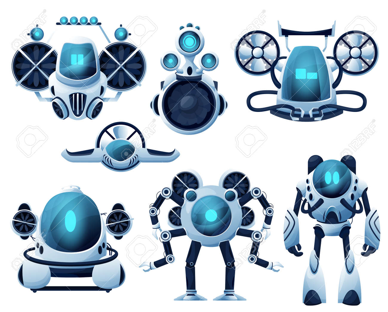 Underwater robot and ROV cartoon characters. Vector robot bathyscaphe and submarine, autonomous and unmanned underwater vehicles with manipulator arms and propellers, sea exploration manipulators - 167723205 Underwater robot and ROV cartoon characters. Vector robot bathyscaphe and submarine, autonomous and unmanned underwater vehicles with manipulator arms and propellers, sea exploration manipulators - 167723205
