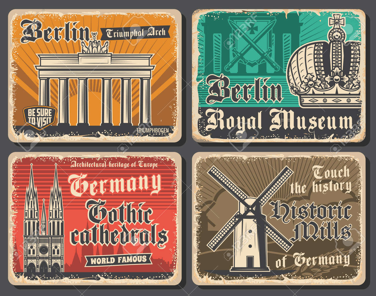 ドイツの旅行のランドマーク、ドイツの文化と観光のベクトルのデザイン。ベルリンの建物、凱旋門またはブランデンブルク門、ゴシック様式の大聖堂、古い風車、王冠のレトロなグランジポスターのイラスト素材・ベクター  Image 168314148
