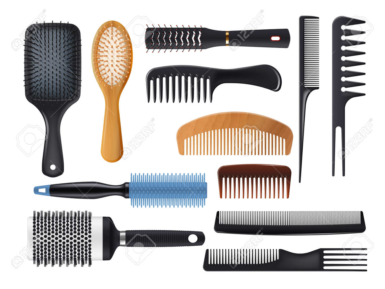 Brosses à cheveux et peignes ensemble vectoriel réaliste. brosses à cheveux isolées, outils de barbier et de coiffeur. accessoires de soins capillaires ou de salon de coiffure en plastique, métal et bois, pagaie 3d et brosses à cheveux rondes - 171654181 Brosses à cheveux et peignes ensemble vectoriel réaliste. brosses à cheveux isolées, outils de barbier et de coiffeur. accessoires de soins capillaires ou de salon de coiffure en plastique, métal et bois, pagaie 3d et brosses à cheveux rondes - 171654181