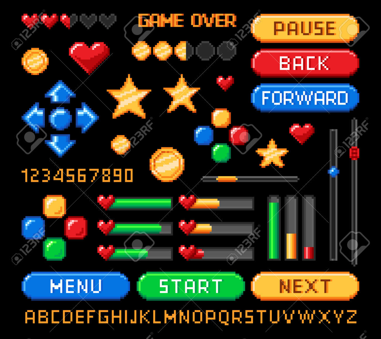 Pixel art interface de jogo de 8 bits, botões retro e barras de carregamento, classificação e ícones vetoriais de saúde. ativo de jogo de pixel de 8 bits para interface de vídeo arcade e menu com setas de níveis, pausa e botões de início - 179100023 Pixel art interface de jogo de 8 bits, botões retro e barras de carregamento, classificação e ícones vetoriais de saúde. ativo de jogo de pixel de 8 bits para interface de vídeo arcade e menu com setas de níveis, pausa e botões de início - 179100023