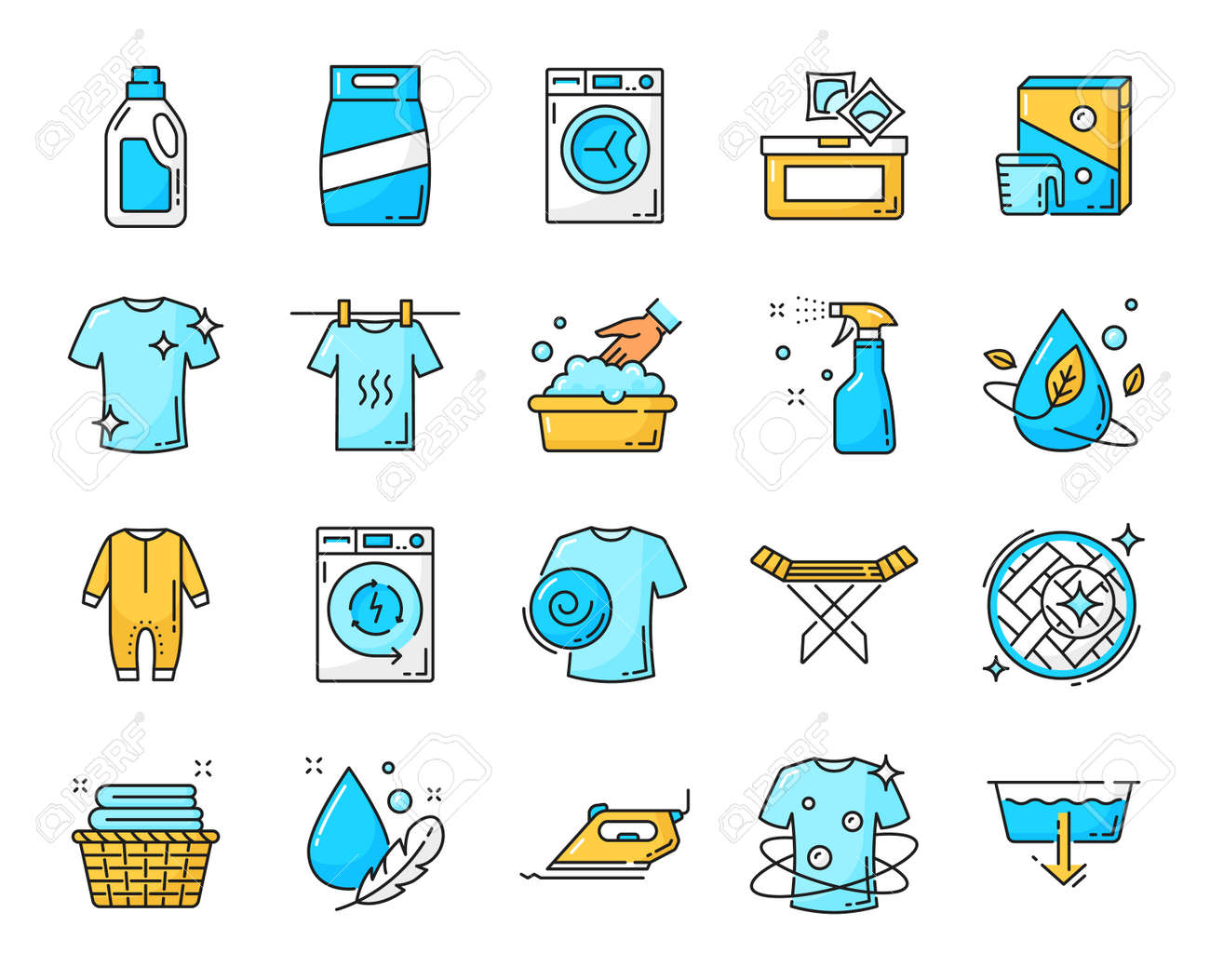 洗濯とドライクリーニングのカラーラインベクトルアイコン、ランドリーサービス。衣類のクリーニングと洗濯表示、洗剤と柔軟仕上げ剤、手洗いとアイロンがけ、デリケートな衣類とタオルのイラスト素材・ベクター  Image 180627361