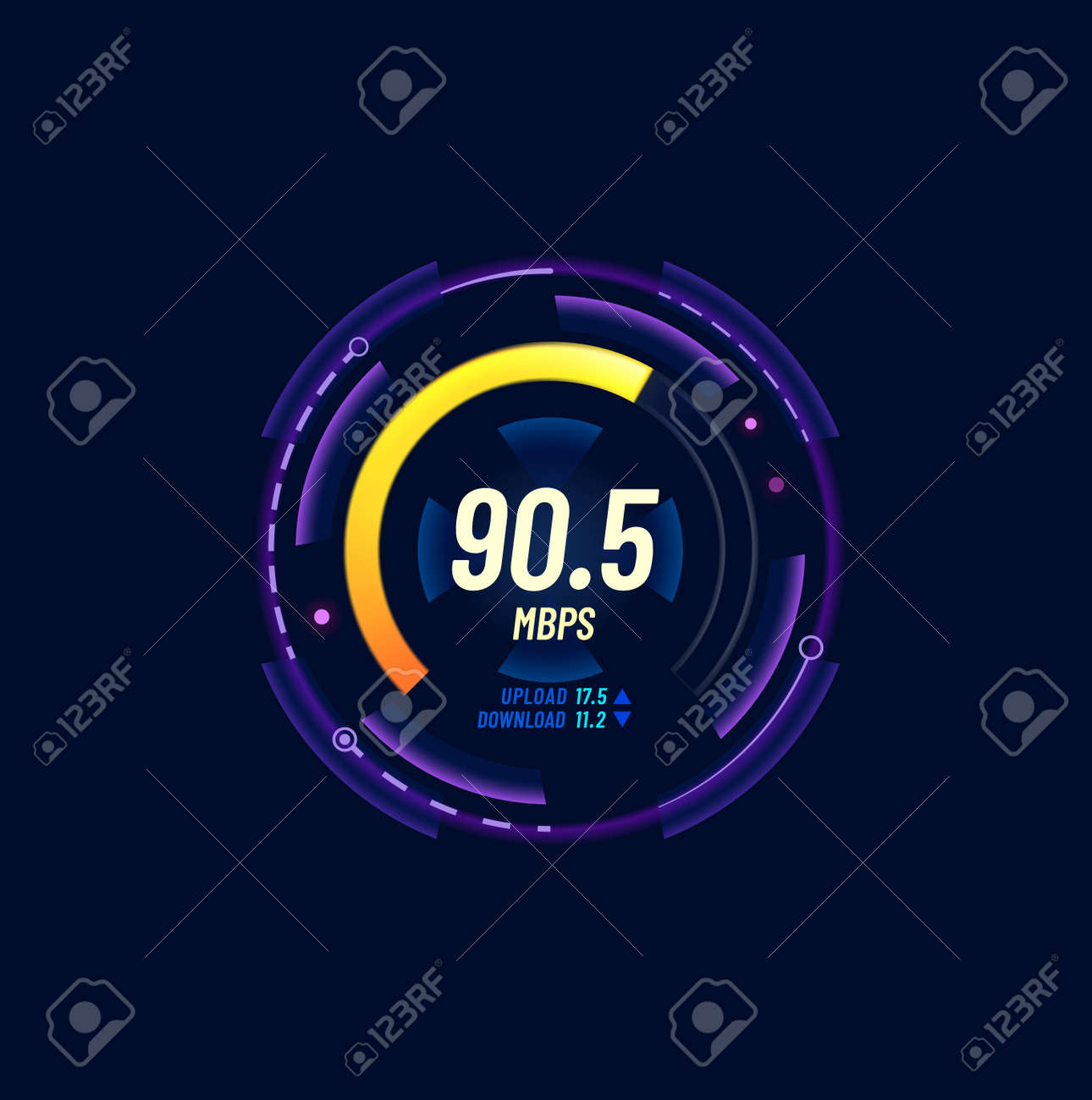 인터넷 대역폭 테스트, 네트워크 속도 측정기 또는 연결 신호 수준 표시기. 웹 데이터 업로드 또는 다운로드 속도 미래 다이얼,  Wi-Fi 강도 체크아웃 서비스 네온 게이지 또는 인터페이스 아이콘 로열티 무료 사진, 그림,