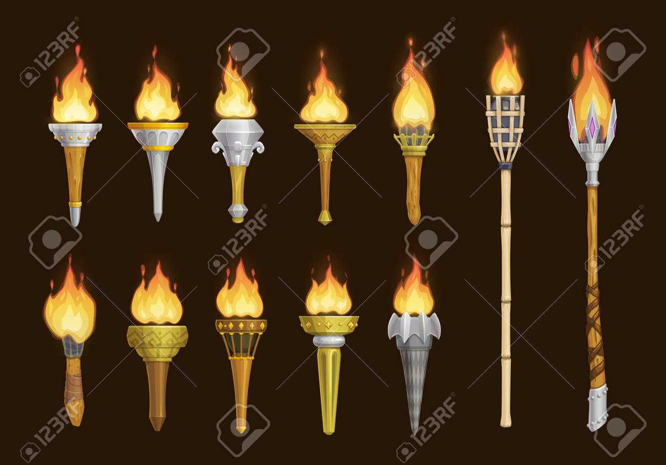 Cartoon Medieval Torches, Vector Game Assets Of Ancient Torch Lanterns With  Burning Fire. Fire Torch Light In Stone And Wooden Pipe Stick, Tribal Or  Victory Cup Torch Lantern Or Torchlight Клипарты, SVG,