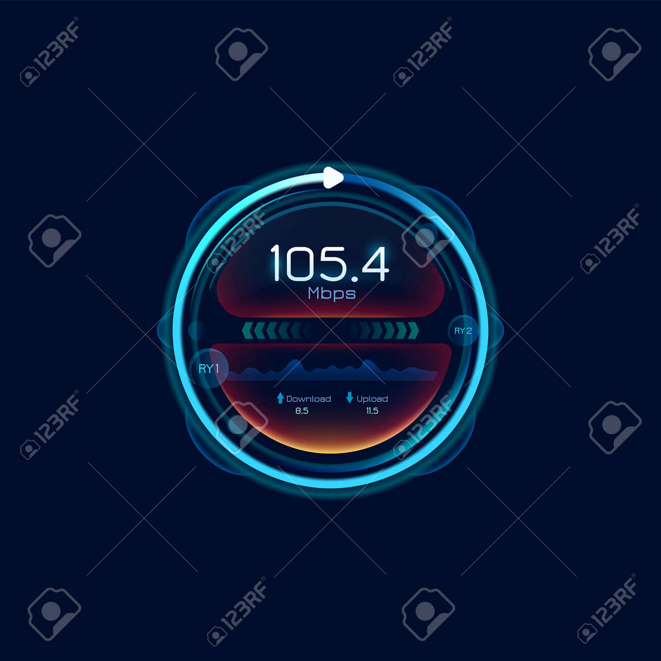 인터넷 속도 미래 측정기. 네트워크 대역폭 표시기, Wi-Fi 신호 강도 다이얼 디스플레이 또는 웹 연결, 데이터 다운로드 및 업로드  Mbps 속도 테스트 속도 그래프가 있는 디지털 서클 인터페이스 로열티 무료 사진, 그림,