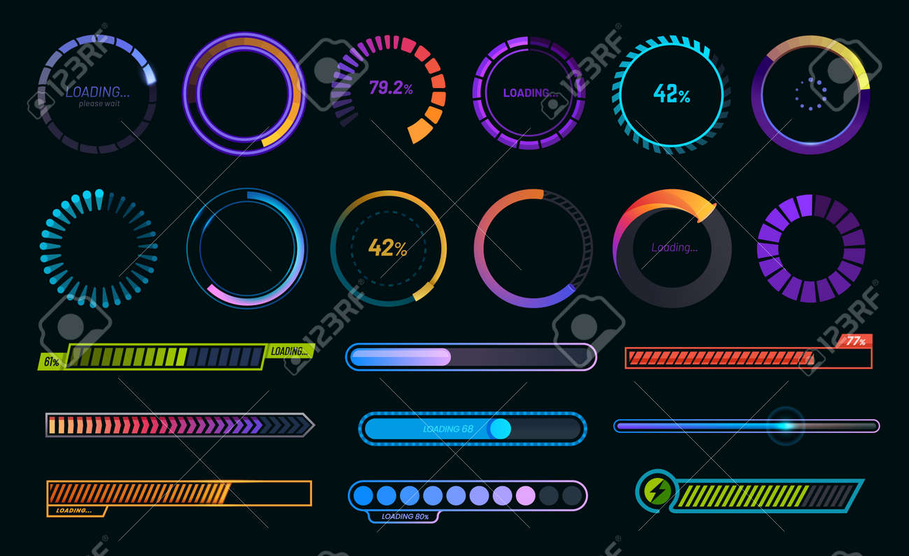 진행률 표시줄 로드, 웹 아이콘 로드 또는 다운로드 및 업로드, 벡터 원형 그래프. 네온 그래디언트의 웹 사이트 또는 인터넷 페이지에  대한 서클 로더 및 속도, 상태 또는 로더 백분율 진행률 표시줄 로열티