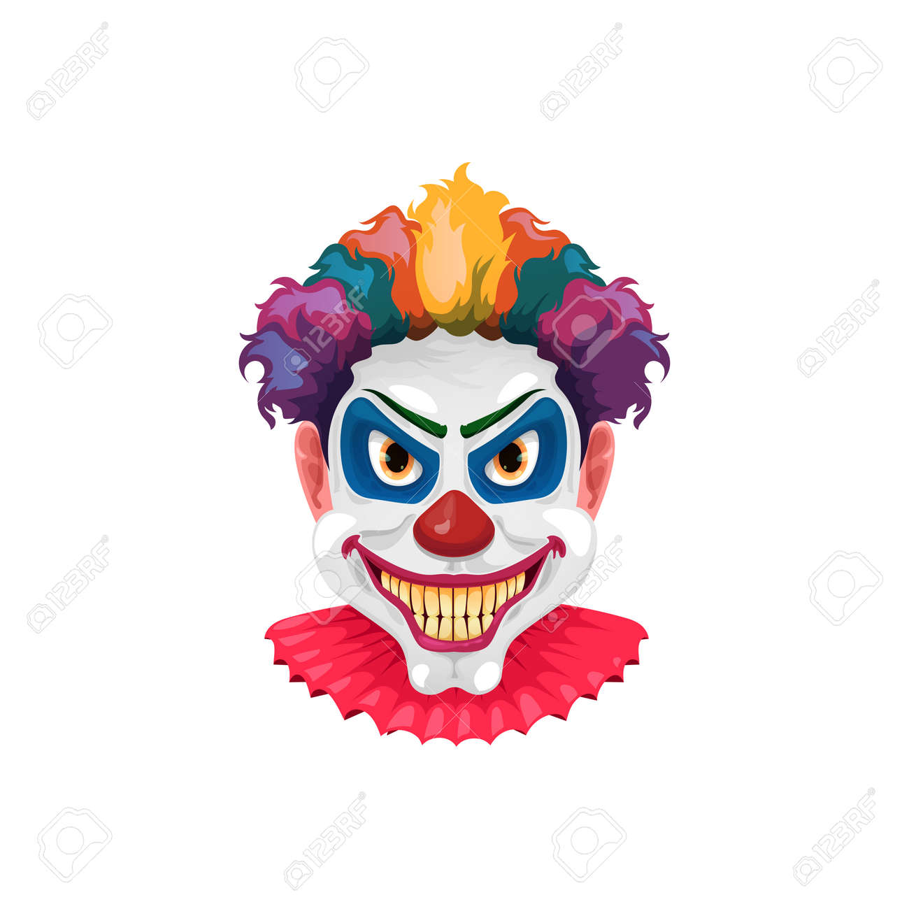 Scary Circus Monster Face Isolated Clown Cartoon Character. Vector Evil  Joker With Yellow Teeth, Crazy Smile, Red Noses And Colored Wigs. Halloween  Holiday Funster Comedian, Dangerous Maniac Nightmare Royalty Free SVG,  Cliparts,, image size:1300x1300