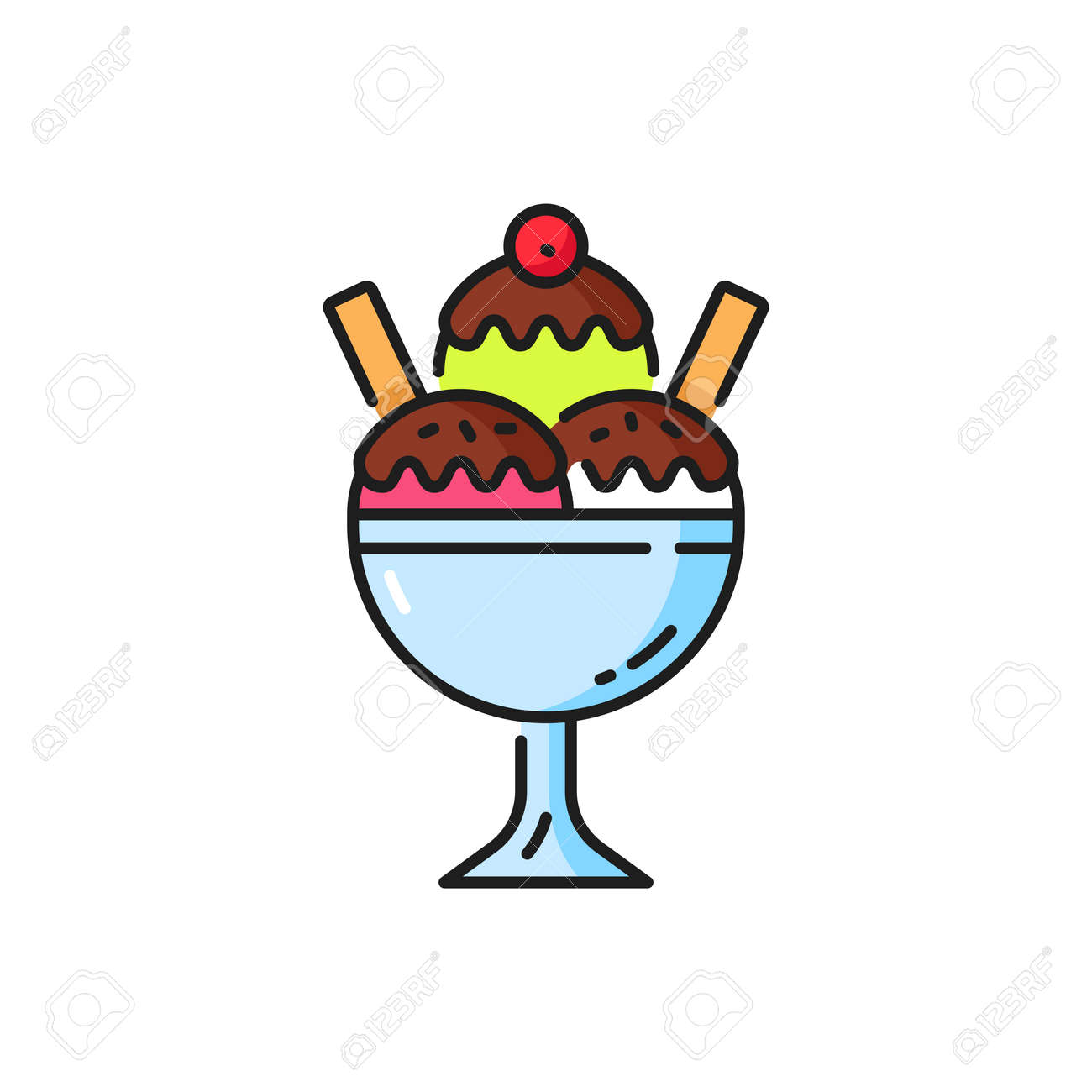 Ice Cream Balls In Bowl Isolated Summer Refreshing Dessert With Chocolate  Topping Color Line Icon. Vector Glass Container With Icecream, Sweet Food  Snack. Homemade Creamy Italian Gelato Frozen Sundae Royalty Free SVG,, image size:1300x1300